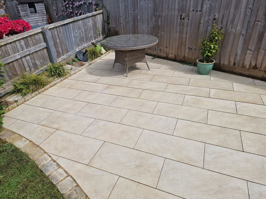 Sandstone patio after hot pressure washing